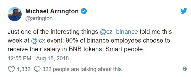 90% сотрудников Binance получают зарплату в токенах BNB
